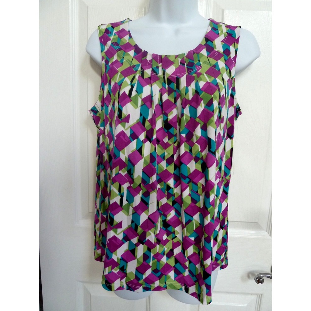 Kasper Womens Medium Sleeveless Blouse Colorful Geometric Print Pleated Neck NWT